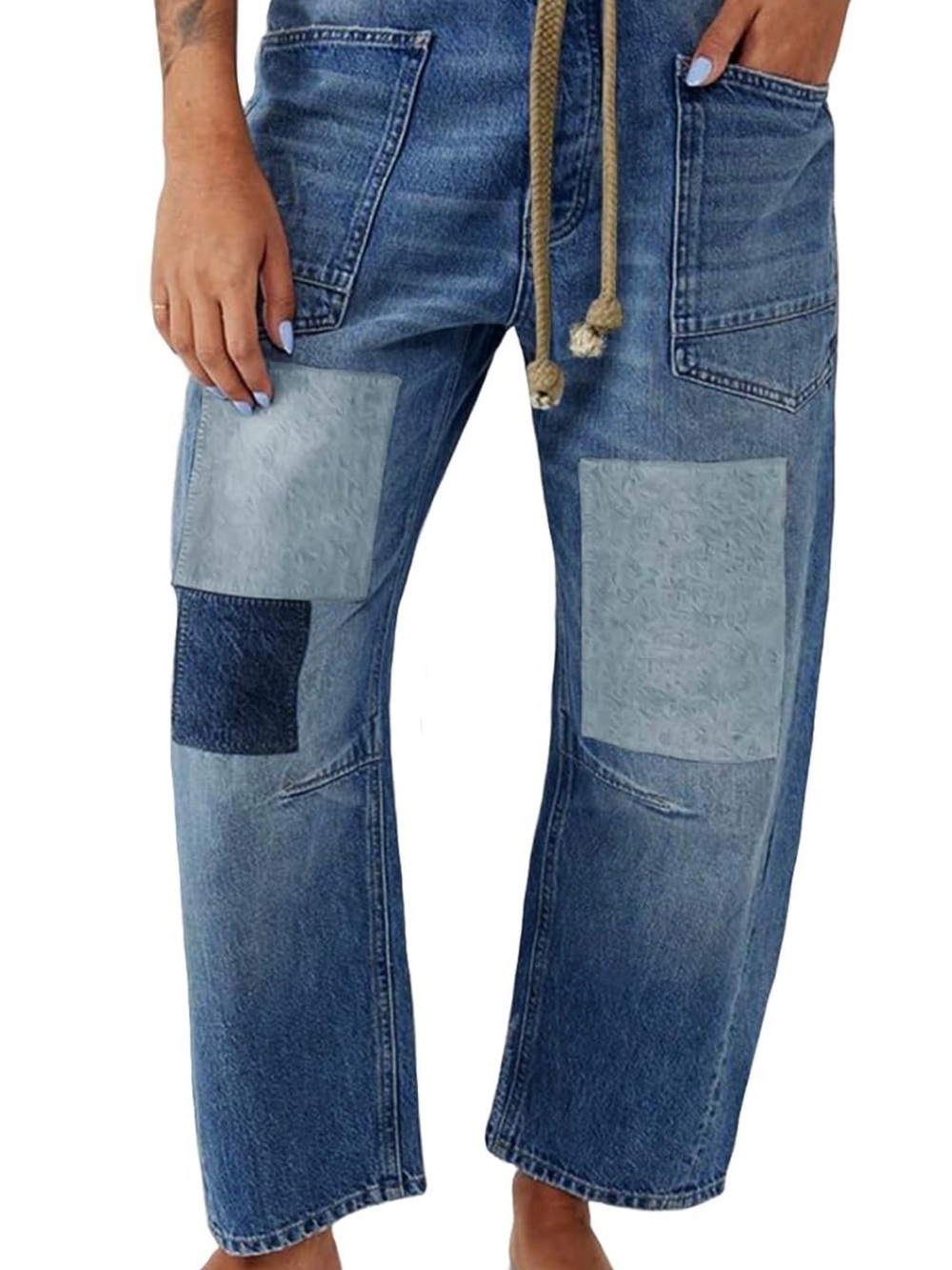 Patchwork Barrel Jeans w/Rope Belt